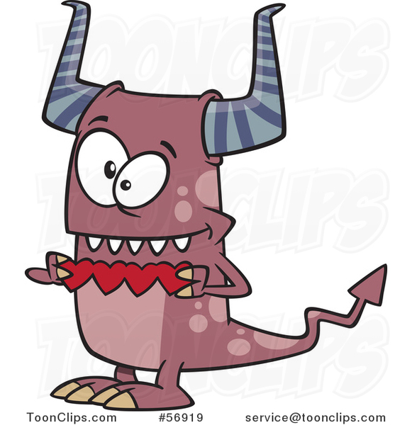 Cartoon Valentine Monster Holding a String of Red Paper Hearts