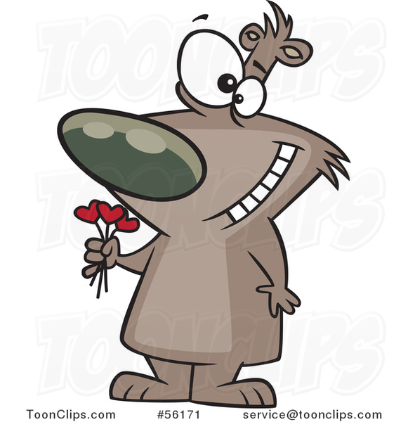 Cartoon Valentines Day Bruin Brown Bear Holding a Heart Bouquet