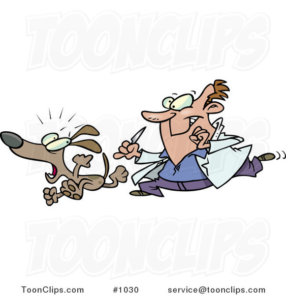 Cartoon Vet Chasing a Dog for a Neuter Surgery