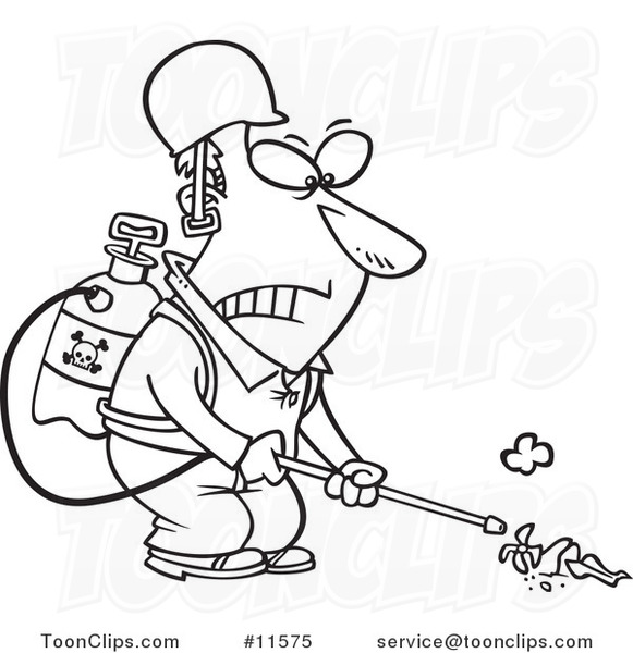 Cartoon Victorious Weed Killer Black and White Outline