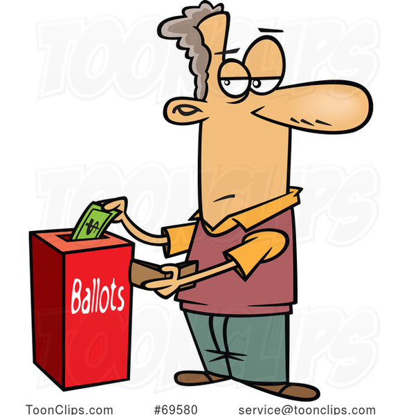 Cartoon Voter Holding His Wallet and Putting Cash in a Ballot Box