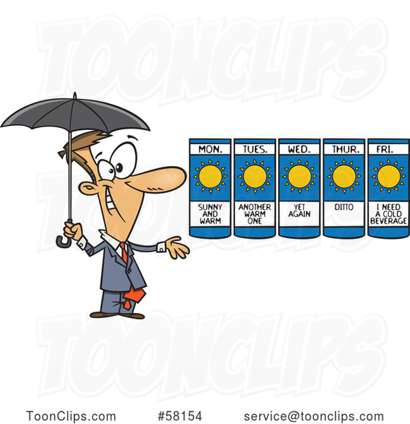 Cartoon Weather Guy Presenting a Forecast of Sunny Days and Holding an Umbrella