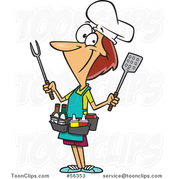 Cartoon White Barbeque Queen Lady with Utensils and Condiments