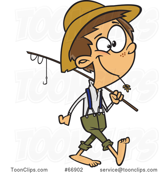Cartoon White Boy Carrying a Fishing Pole