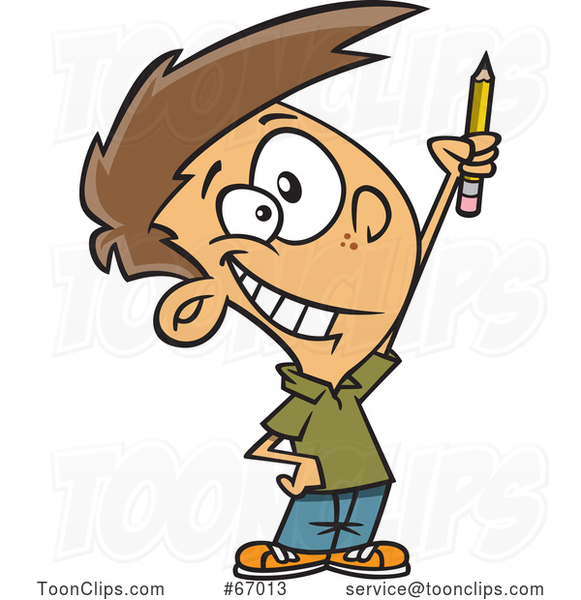 Cartoon White Boy Classroom Warrior Holding up a Pencil