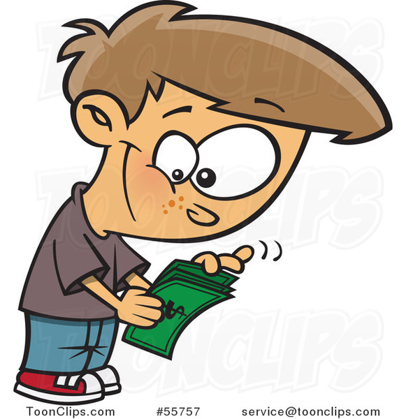 Cartoon White Boy Counting His Allowance Money