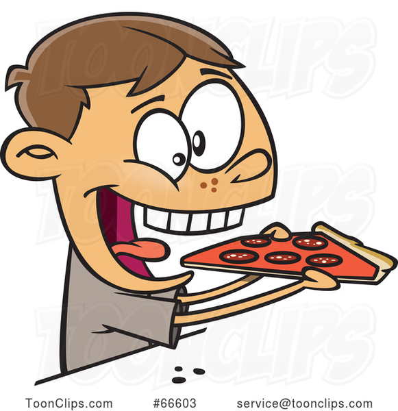 Cartoon White Boy Enthusiastically Eating Pizza #66603 by Ron Leishman