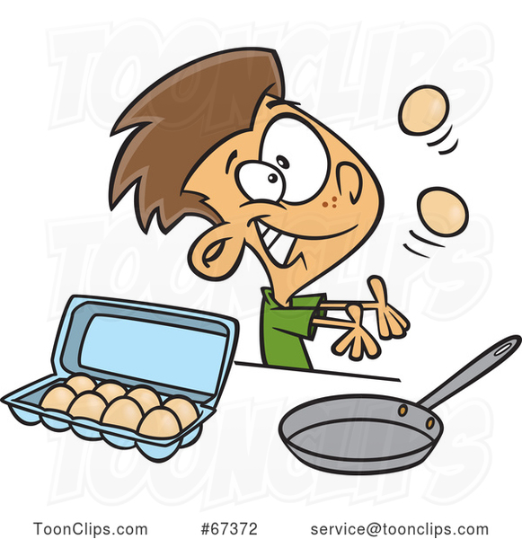 Cartoon White Boy Juggling and Preparing to Make Scrambled Eggs