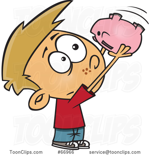 Cartoon White Boy Looking into an Empty Piggy Bank