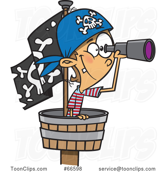 Cartoon White Boy Pirate Using a Telescope in a Crows Nest
