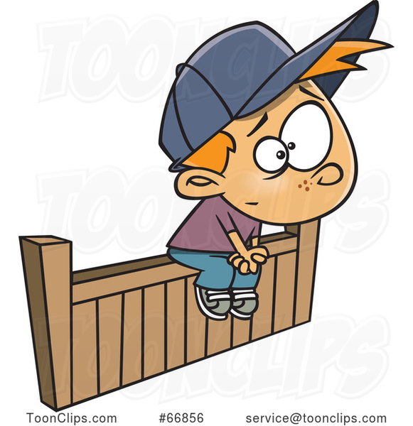 Cartoon White Boy Sitting On The Fence By Ron Leishman