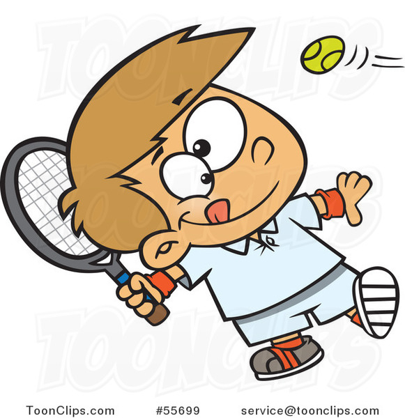 Cartoon White Boy Swinging a Tennis Racket