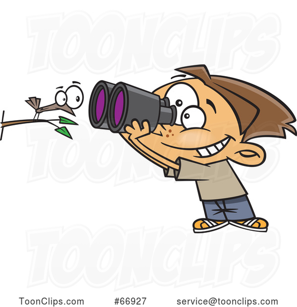 Cartoon White Boy Viewing a Bird up Close with Binoculars