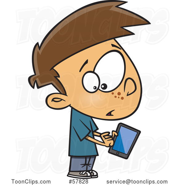 Cartoon White Boy Warily Tapping a Tablet Computer