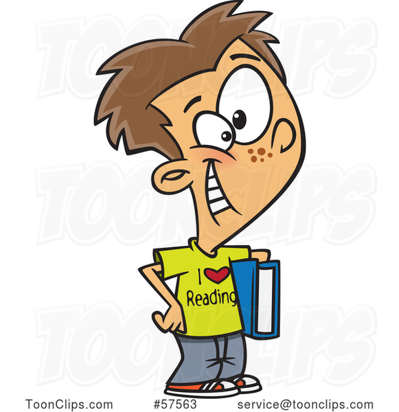 Cartoon White Boy Wearing an I Love Reading Shirt and Holding a Book