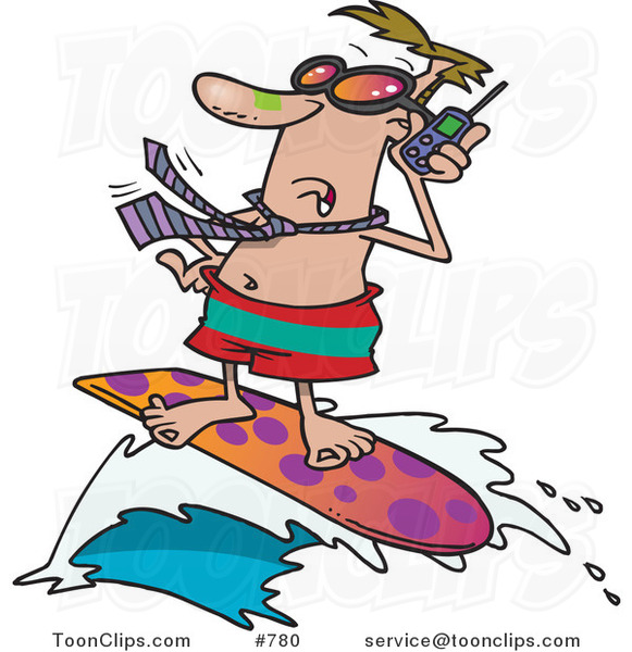 Cartoon White Business Man Talking on a Cell Phone While Surfing