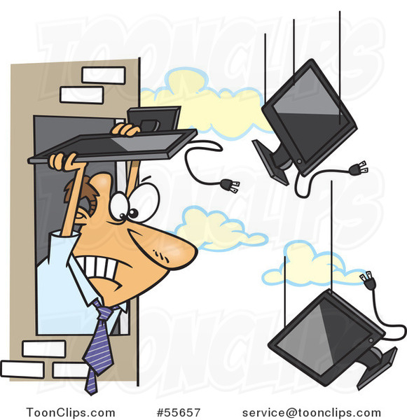 Cartoon White Business Man Throwing Old Monitors out an Office Window