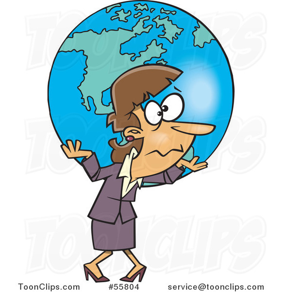 Cartoon White Business Woman Carrying Earth As a Burden