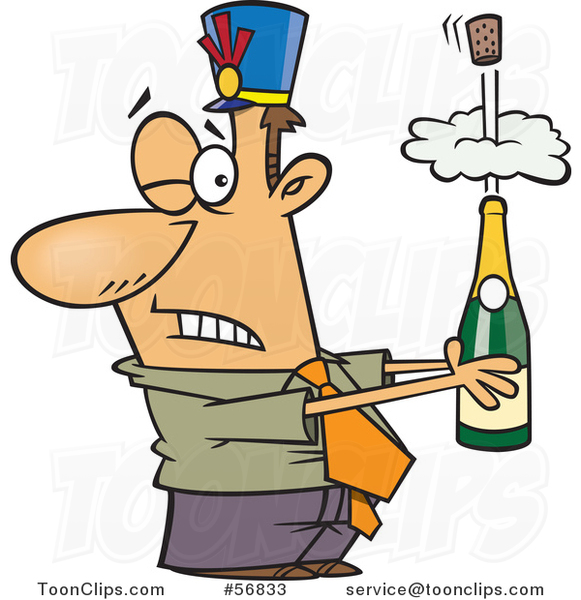 Cartoon White Businessman Holding an Exploding Bottle of Champagne at a New Year Party