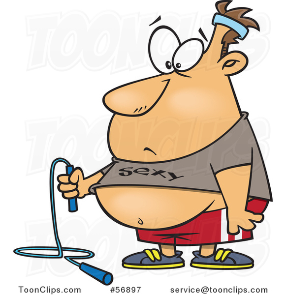 Cartoon White Fat Guy Holding a Jumprope and Wearing a Sexy Shirt, Ready to Work out