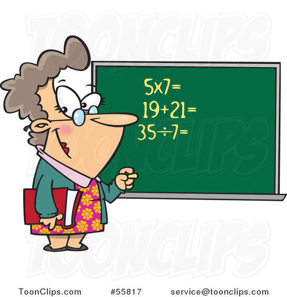 Cartoon White Female Math Teacher at a Chalk Board