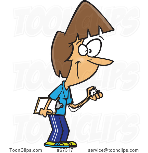 Cartoon White Female Track Coach Holding a Stopwatch