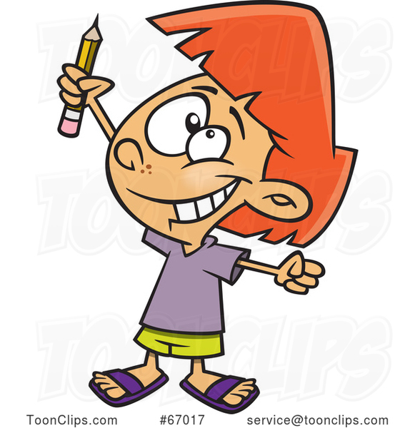 Cartoon White Girl Classroom Warrior Holding up a Pencil