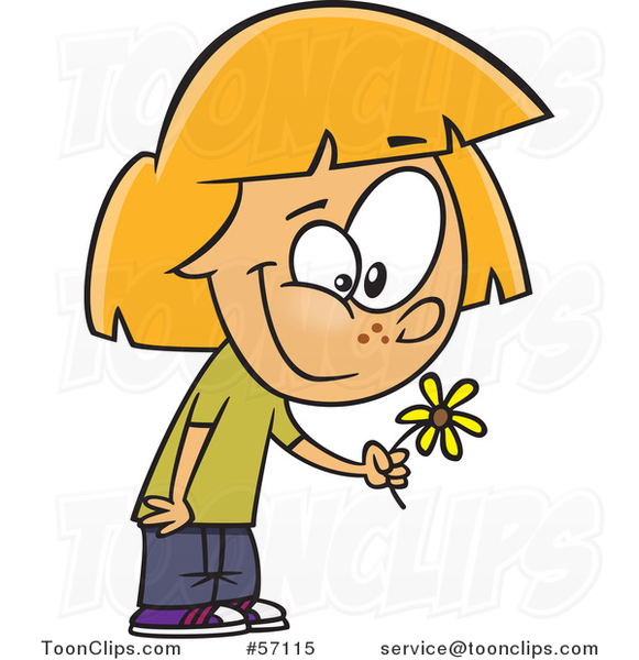 Cartoon White Girl Holding a Spring Flower