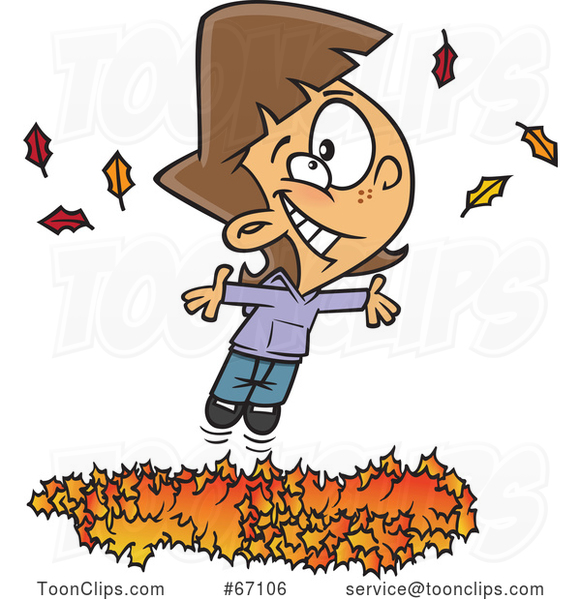 Cartoon White Girl Playing in a Pile of Autumn Leaves