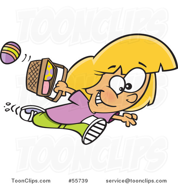 Cartoon White Girl Running with Eggs in an Easter Basket
