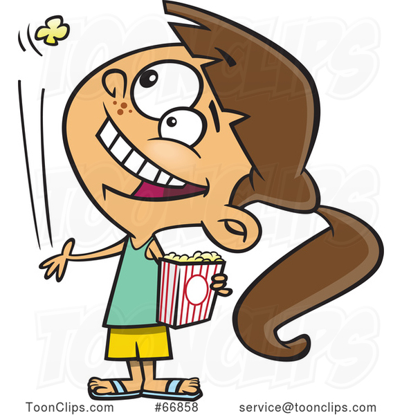 Cartoon White Girl Tossing a Piece of Popcorn into Her Mouth