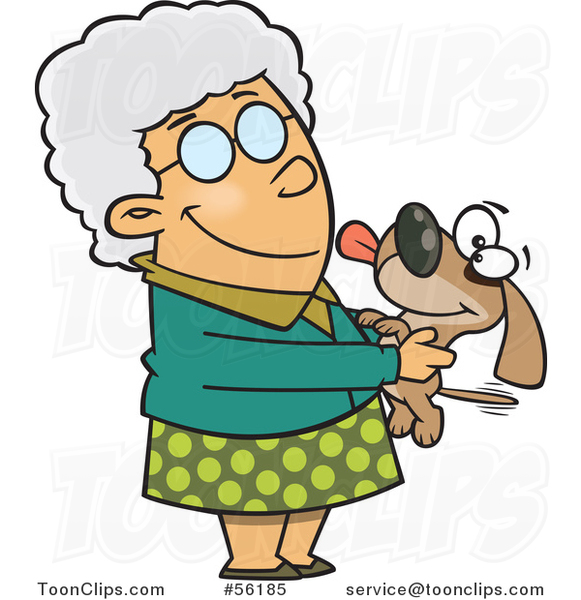Cartoon White Granny Senior Lady Holding a Dog