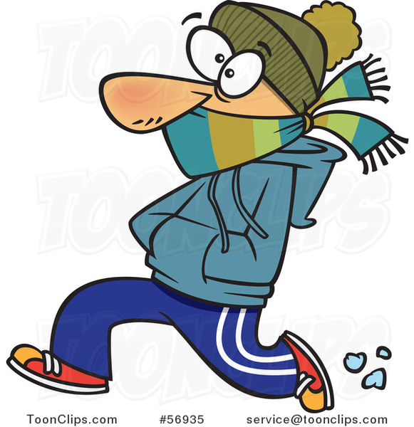 Cartoon White Guy Bundled up and Running in the Cold