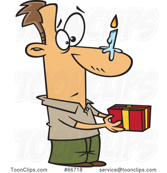 Cartoon White Guy Holding a Gift, with a Birthday Candle on His Nose