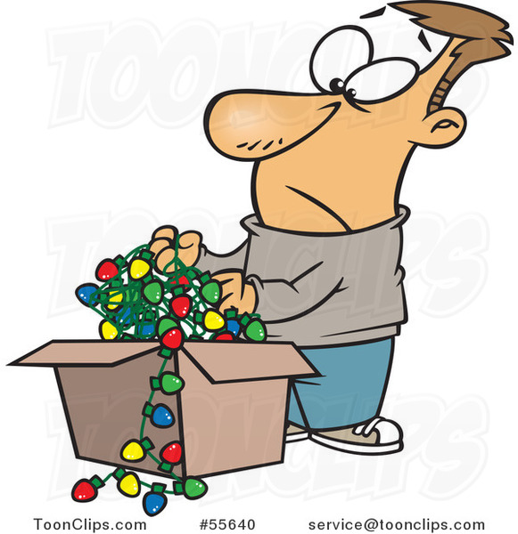 Cartoon White Guy Holding a Tangled Mess of Christmas Lights