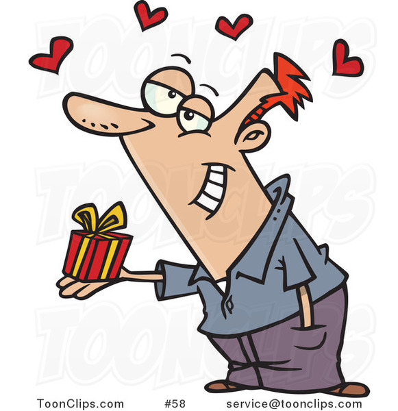 Cartoon White Guy Holding a Valentine's Day Gift, Hearts Above His Head