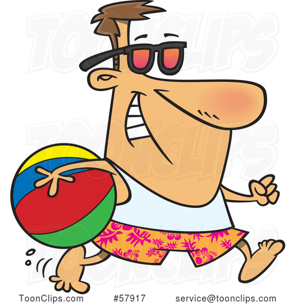 Cartoon White Guy in Summer Gear, Running with a Beach Ball