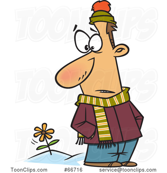 Cartoon White Guy in Winter Clothes, Seeing a Spring Flower