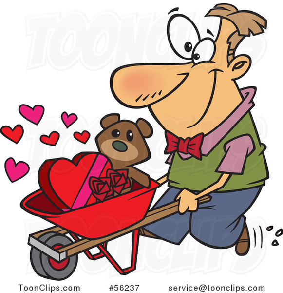 Cartoon White Guy Pushing a Valentines Day Teddy Bear Roses and Candy in a Wheelbarrow