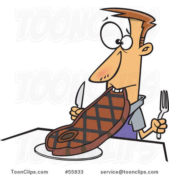 Cartoon White Guy Trying to Eat a Giant Steak