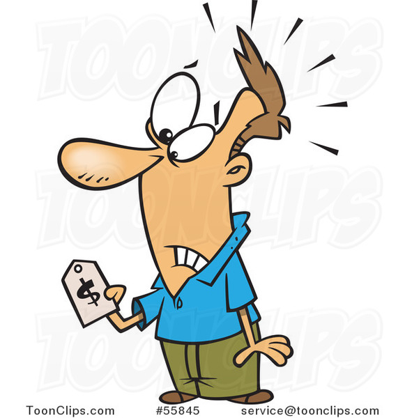 Cartoon White Guy with Sticker Shock, Holding a Price Tag