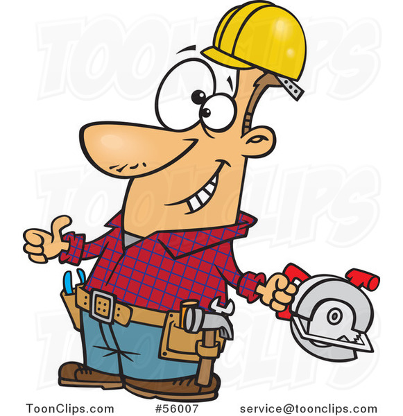 Cartoon White Handy Guy Decked out with Tools and Holding a Thumb up