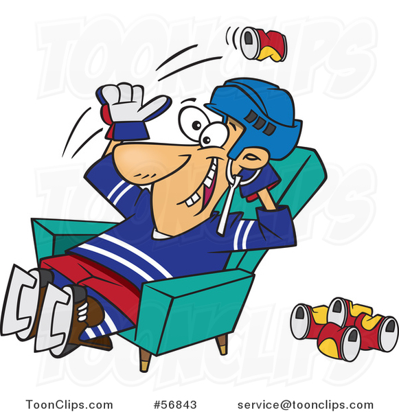 Cartoon White Hockey Player or Fan Sitting in a Chair and Tossing Back Beer Cans