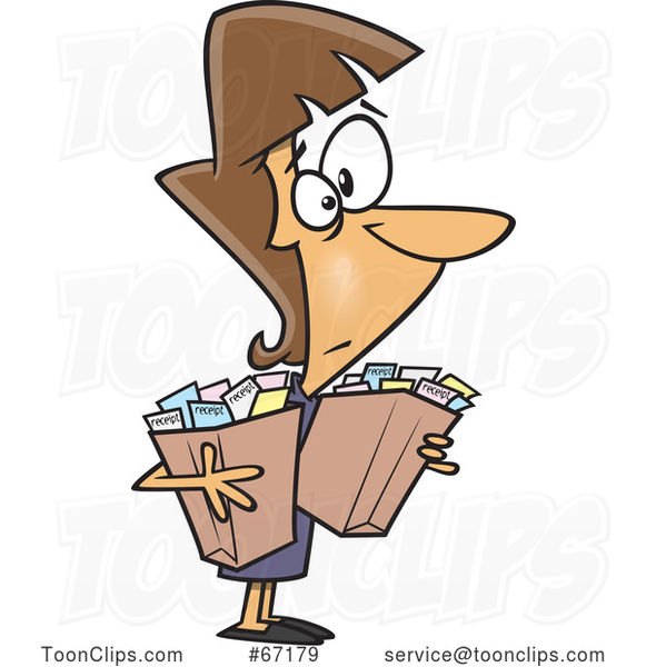 Cartoon White Lady Carrying Bags of Receipts