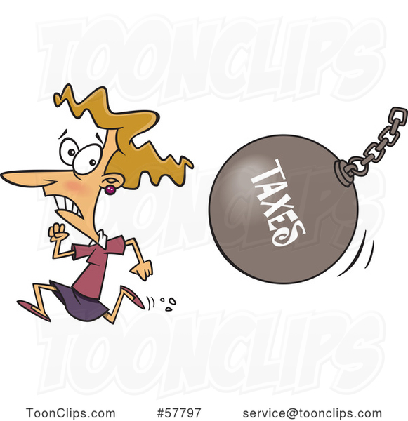Cartoon White Lady Running from a Taxes Wrecking Ball