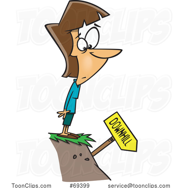 Cartoon White Lady Standing on a Cliff and Looking at a Downhill Sign