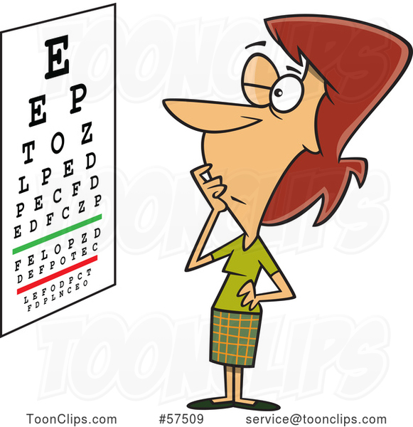 Cartoon White Lady Trying to Read an Eye Chart