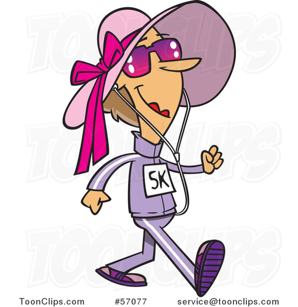 Cartoon White Lady Wearing Sunglasses and a Hat, Walking a 5k