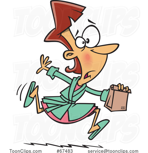 Cartoon White Mother or Wife Running with a Forgotten Lunch Bag