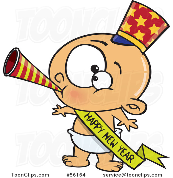 Cartoon White New Year Baby Blowing a Horn, Wearing a Top Hat and a Banner